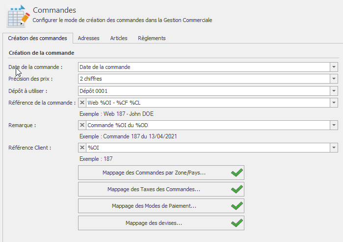 Ecran Atoo-Sync GesCom Sage 50 Mappage commandes Passerelle Sage 50 données mobiles PrestaShop Shopify WooCommerce Magento