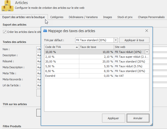 Ecran Atoo-Sync GesCom Sage 50 Mappage taxes Passerelle Atoo-Sync pour Sage 50 données mobiles PrestaShop Shopify WooCommerce Magento