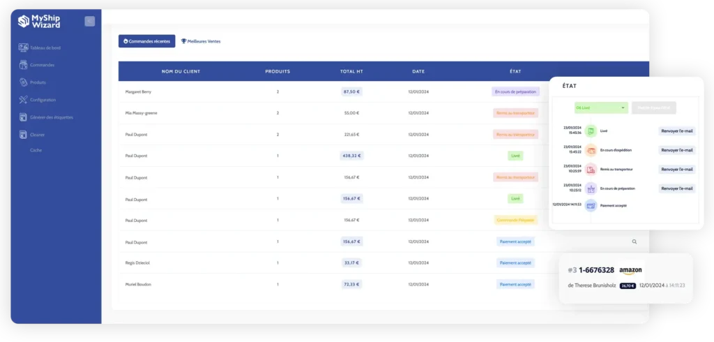 MyShipWizard centralise les commandes de toutes les plateformes de vente, offrant une gestion simplifiée via une interface unique adaptable à la croissance de l'activité.