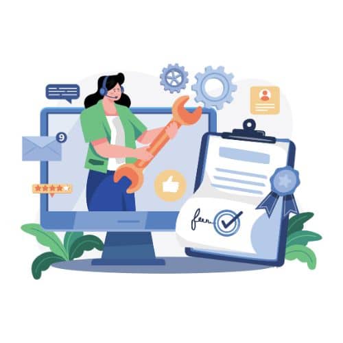 Femme stylisée avec des rouages illustrant la connexion et l'intégration de logiciels de gestion personnalisés avec CMS et ERP métiers.