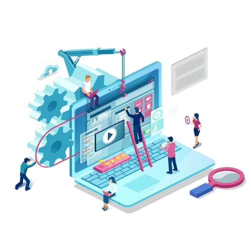 Professionnels travaillant autour d'un ordinateur, représentant la synchronisation des données eCommerce avec des rouages, une échelle et une illustration de la gestion des données.