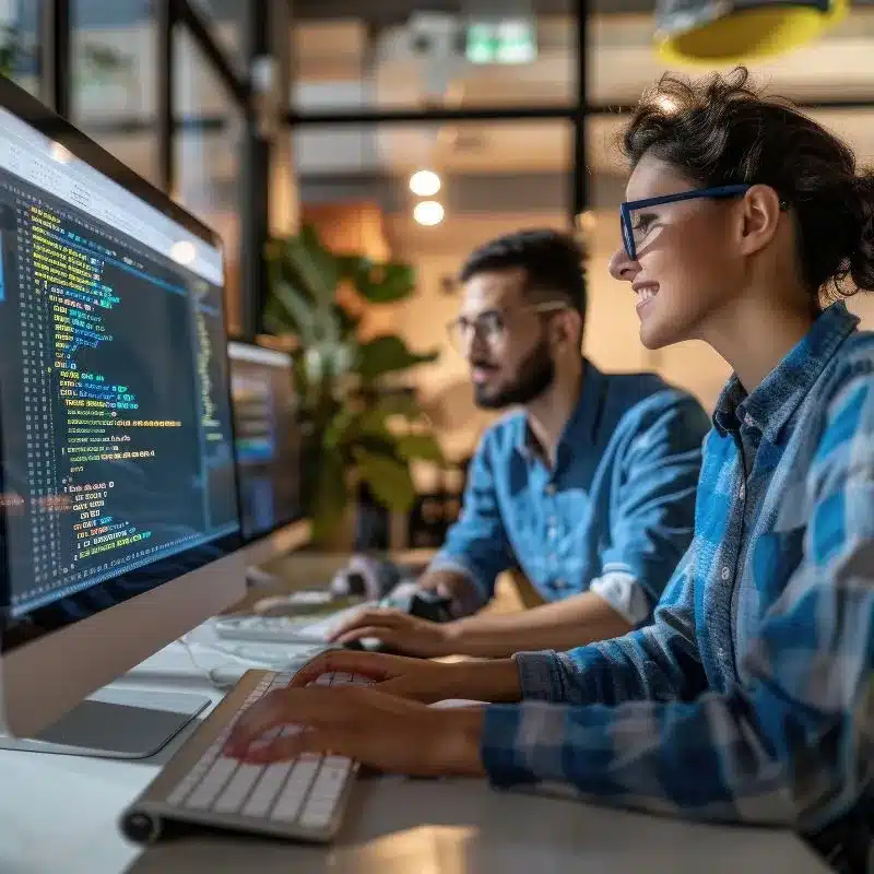 Intégrateur Web ERP travaillant devant un écran avec des lignes de code - Devenir Partenaire